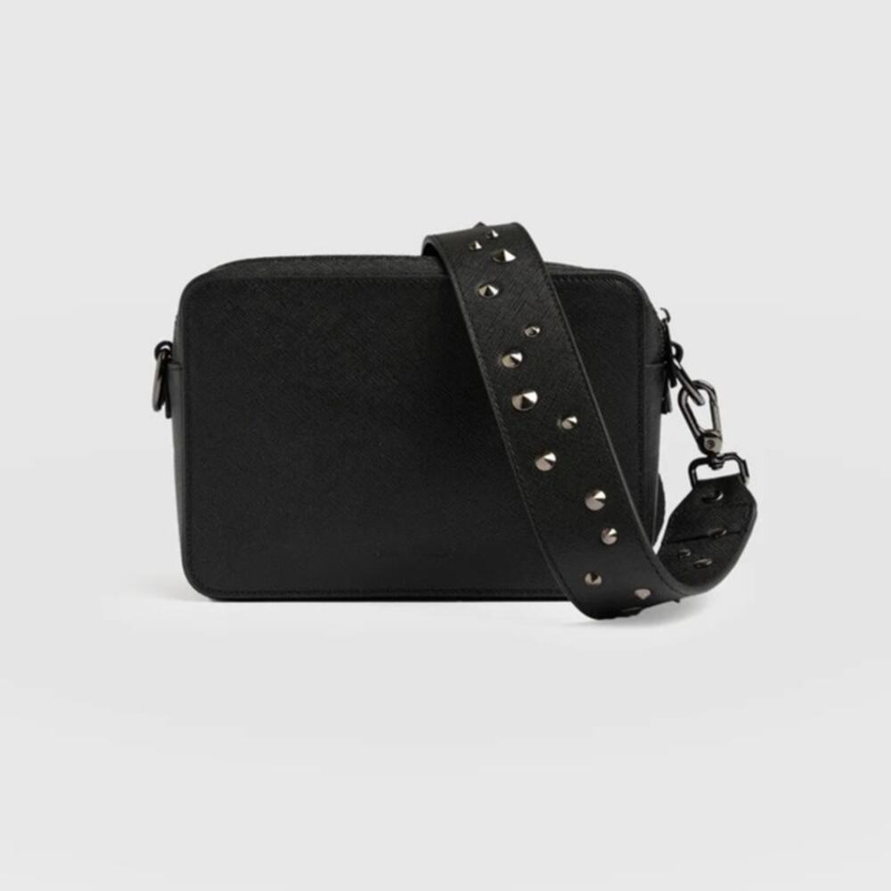 GOTHIC GRUNGE CLASSIC LEATHER SAINT+SOFIA STUDDED STRAP CROSSBODY CAMERA BAG